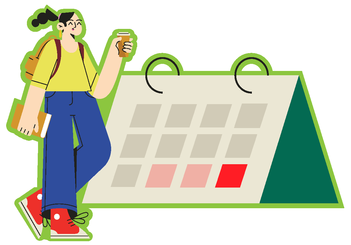 Illustration of a student infront of a large calendar